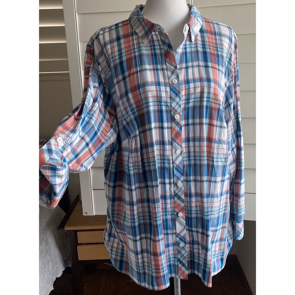 Talbots Woman Plus 3X Pink Blue Plaid Roll Tab Sleeve Blouse Shirt Top Cotton